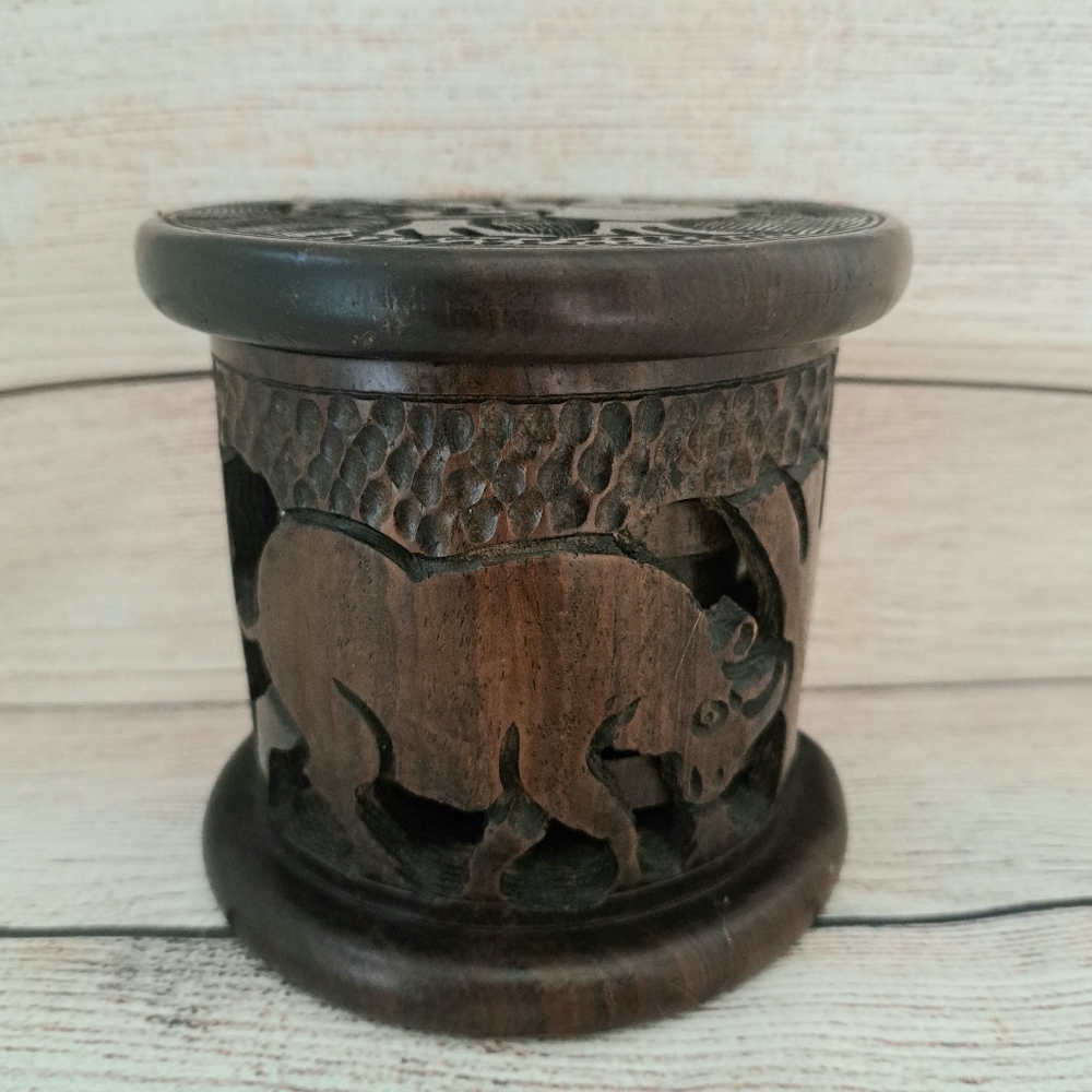 Hand Carved Wood Elephant Coasters Set of 6 with Holder & Lid